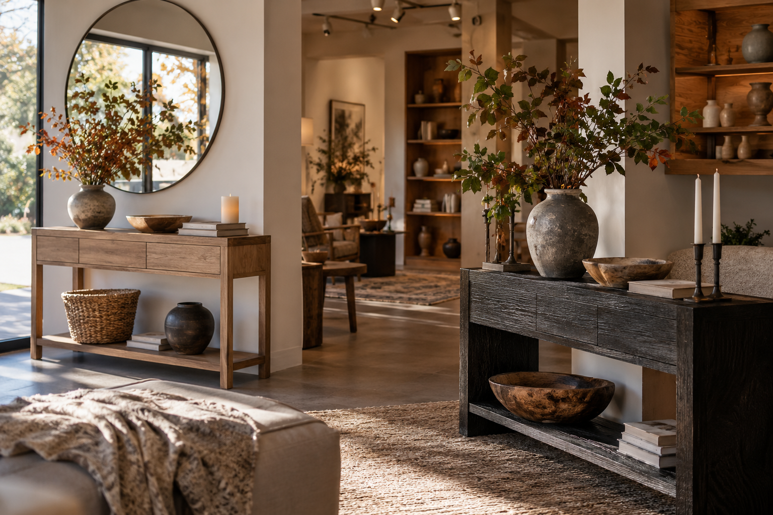 Showroom wnętrzarski z uporządkowaną ekspozycją dekoracji
