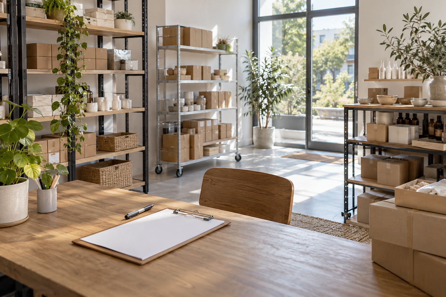 Showroom przygotowany do przeprowadzki z zapakowanymi próbkami i regałami