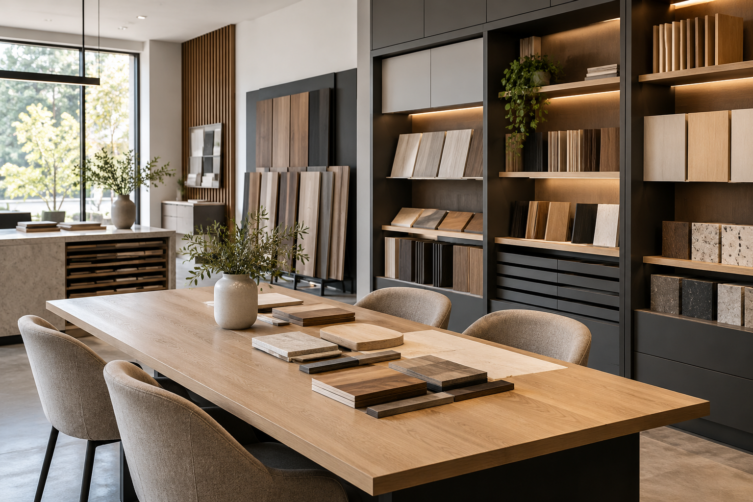 Showroom z uporządkowaną ekspozycją próbek i ladą do rozmów