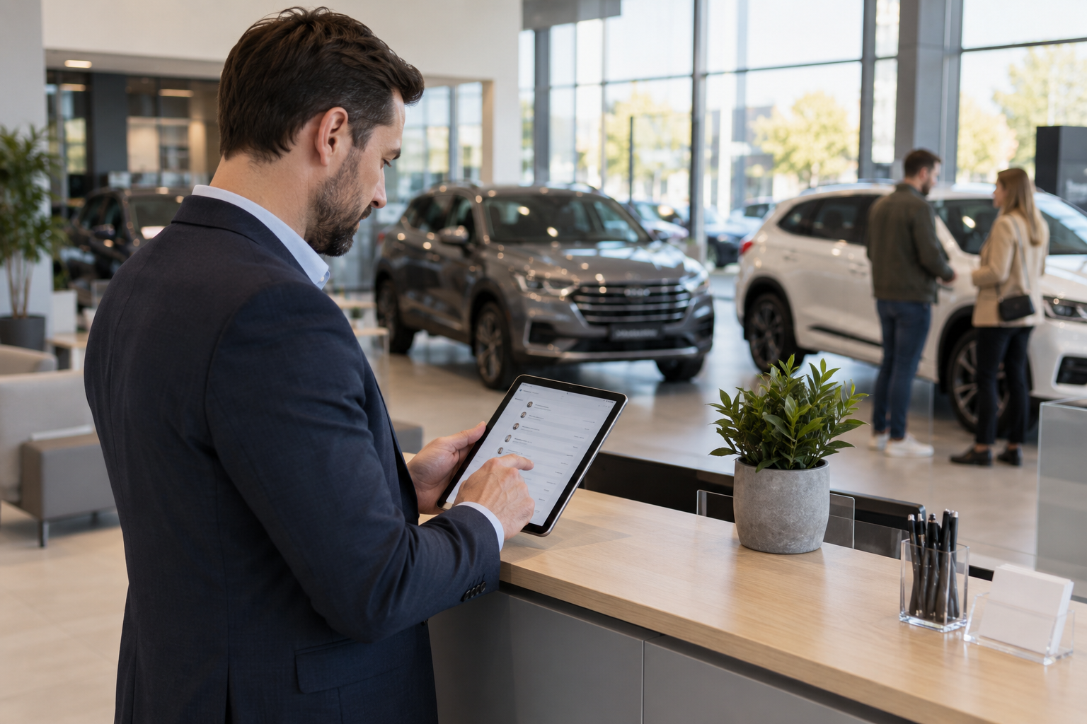 Manager showroomu przegląda prostą listę kontaktów na tablecie przy recepcji salonu