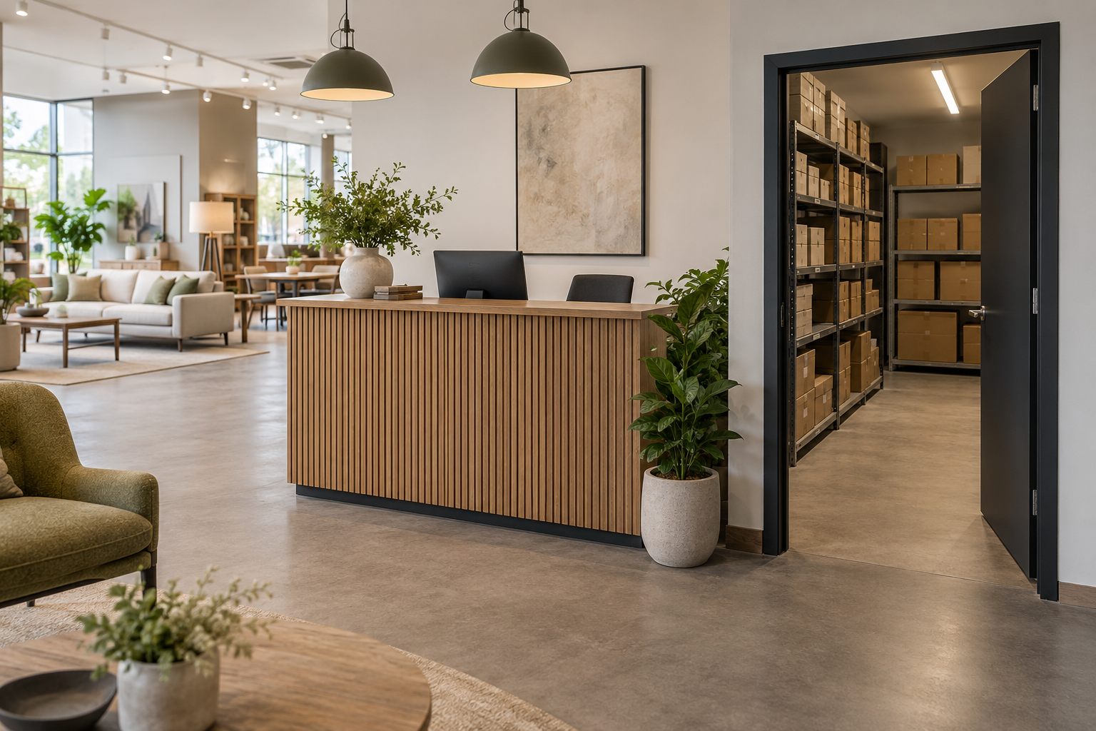 Showroom z ladą i wejściem do uporządkowanego magazynu