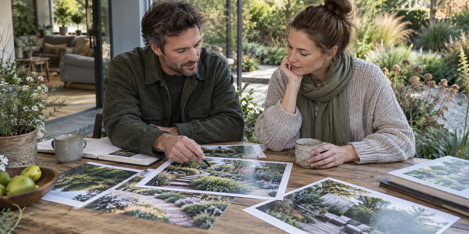 Rozmowa projektowa przy stole z fotografiami ogrodu